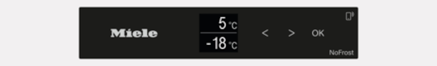 Miele-Display zeigt 5°C und -18°C an. Navigationspfeile und OK-Taste.