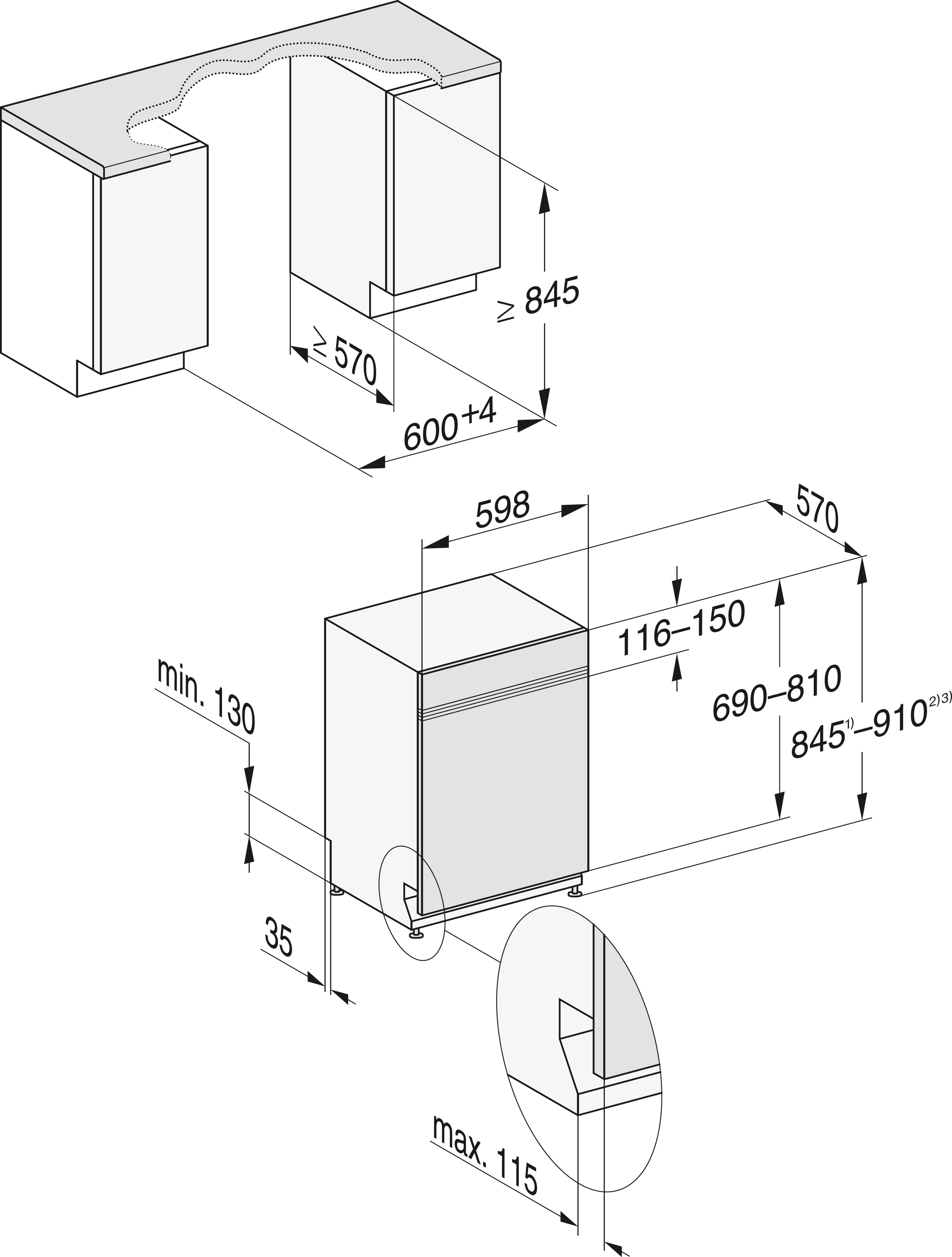 Diagramm eines Geschirrspülers mit Maßen und Abmessungen. Es ist eine technische Zeichnung.