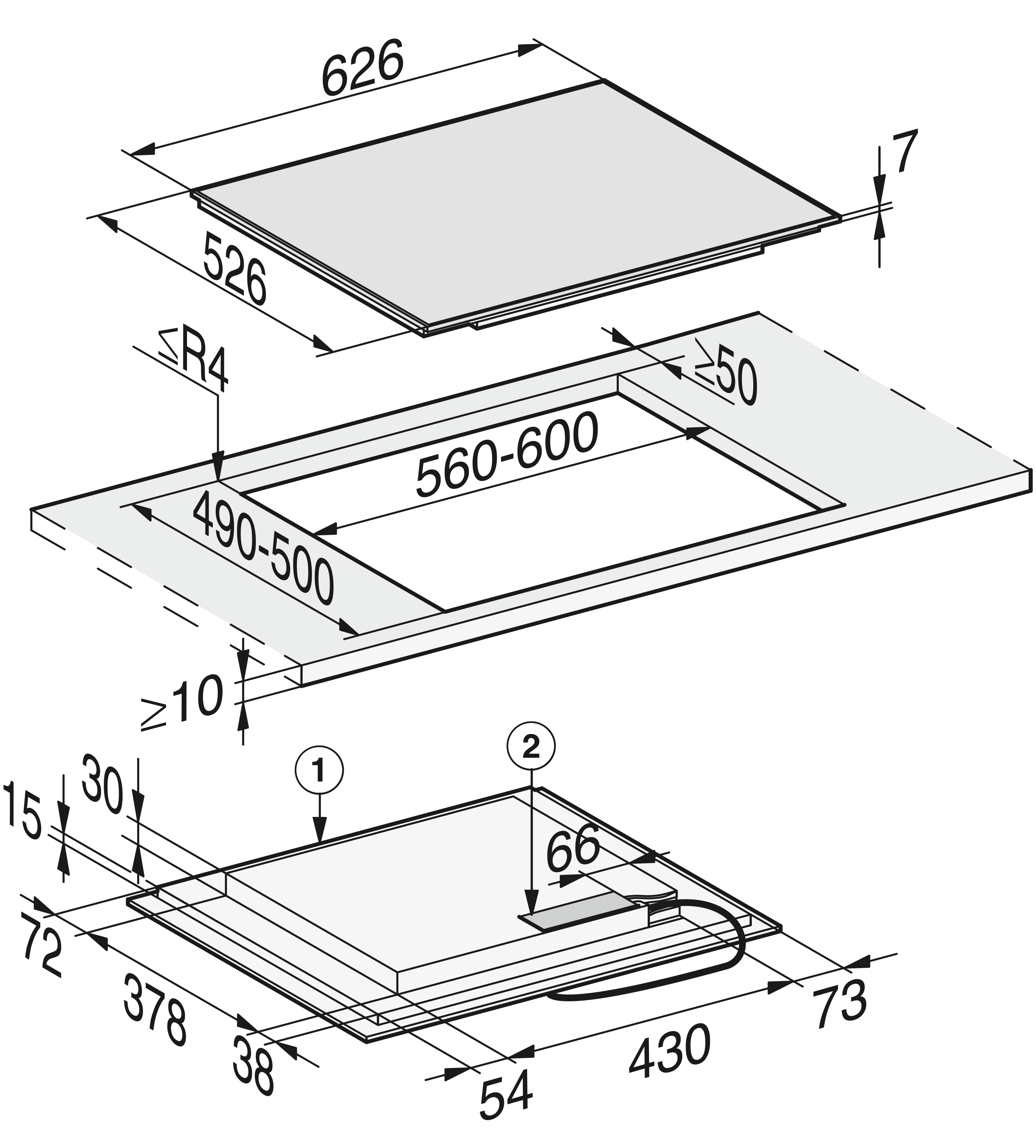 Diagramm eines Einbau-Induktionskochfelds, das Abmessungen zeigt, schwarz-weiß.