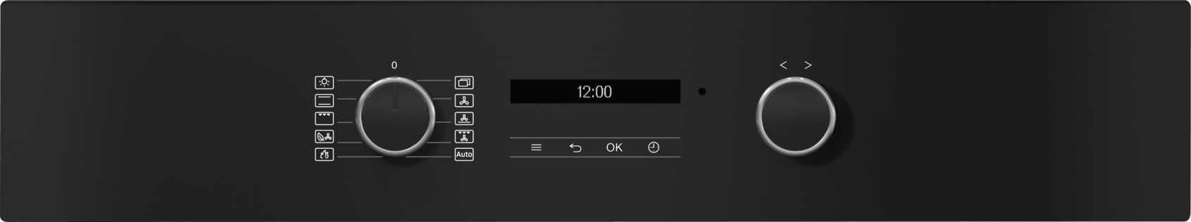Schwarzes Backofen-Bedienfeld mit zwei Knöpfen und einem Digitaldisplay mit 12:00, mit mehreren Symbolen.