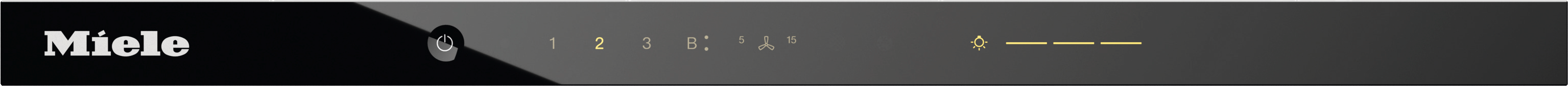 Miele Logo, Power-Symbol, Zahlen 1-3, B:, 5, Lüfter, 15, Glühbirne und Balken.