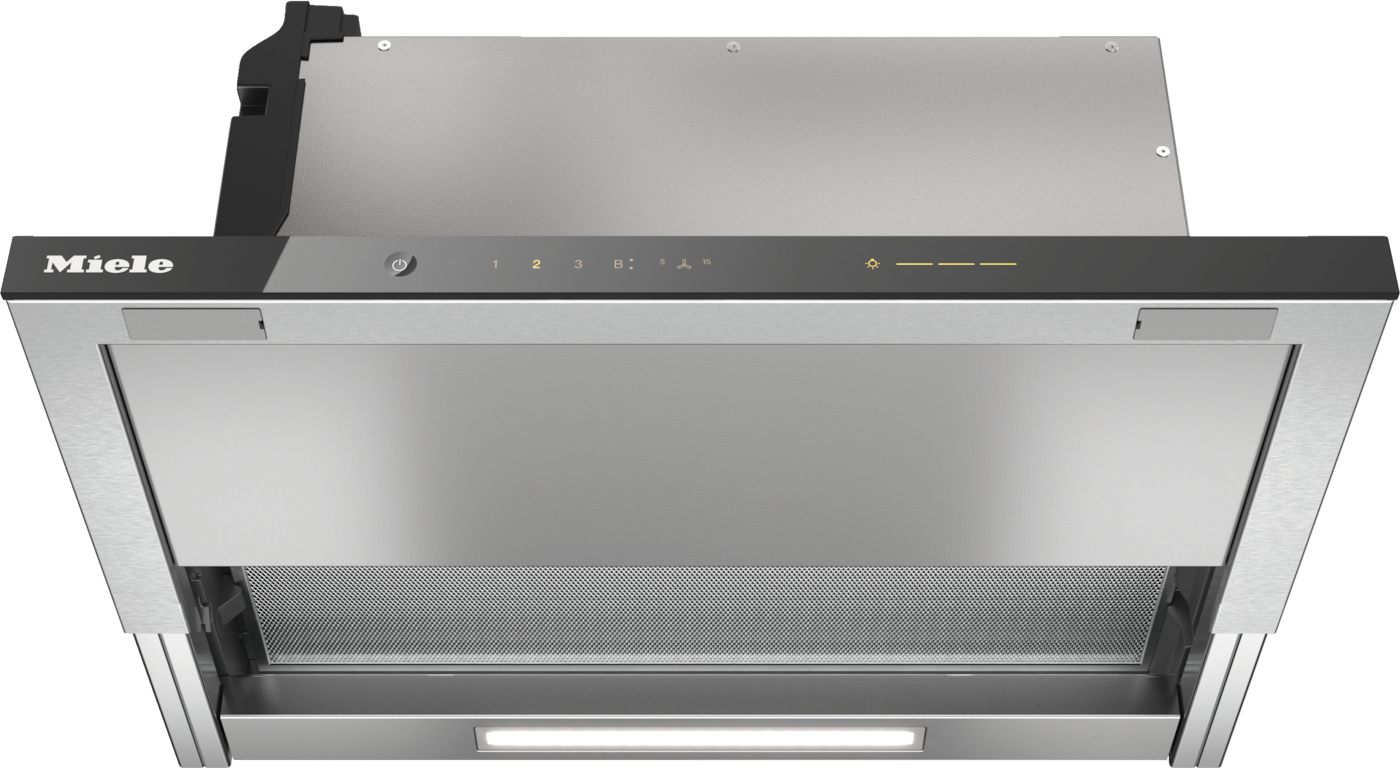Edelstahl-Dunstabzugshaube mit Miele-Logo und Touch-Bedienfeld.