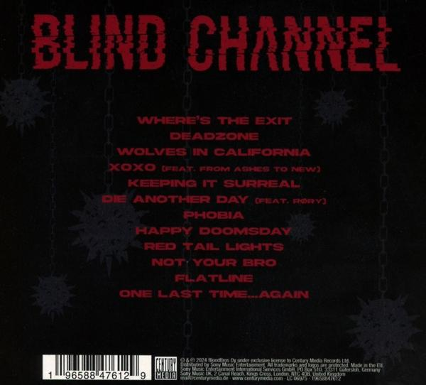 CD-Cover für das Musikalbum Blind Channel, mit Trackliste und Bandnamen in Rot. Schwarzer Hintergrund.