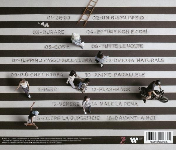Albumcover mit mehreren Personen. Schwarz-weiß gestreifter Hintergrund mit Songtiteln.