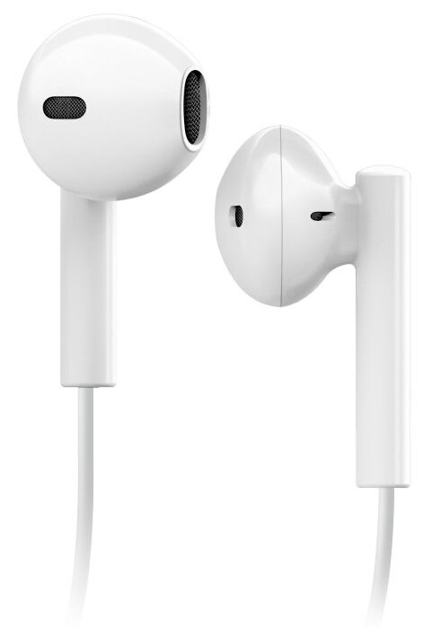 Dwa białe słuchawki Apple z białymi przewodami, widok z bliska.