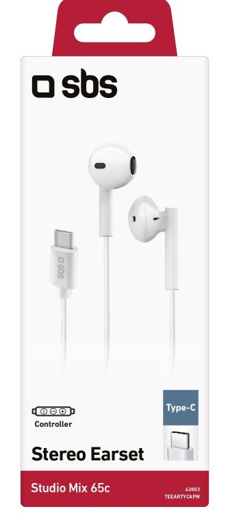 Białe słuchawki z wtyczką typu C, prezentowane w markowym pudełku.