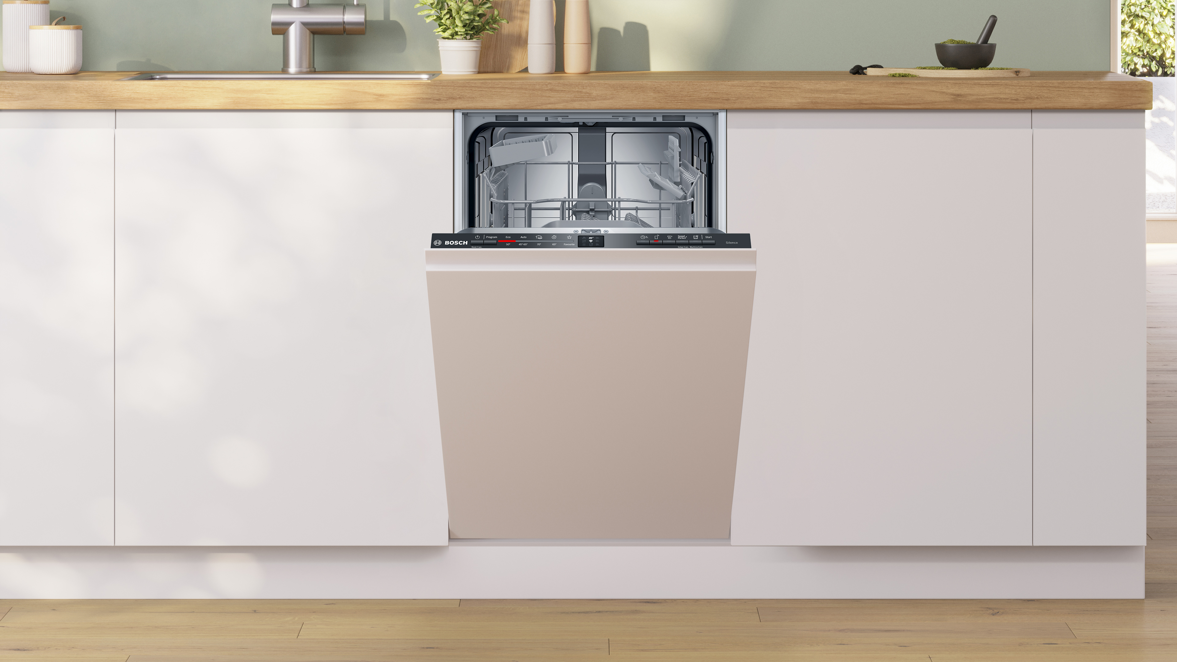 Ein moderner Geschirrspüler, der in einen Küchenschrank eingebaut ist, offen mit sichtbarem Innenraum.