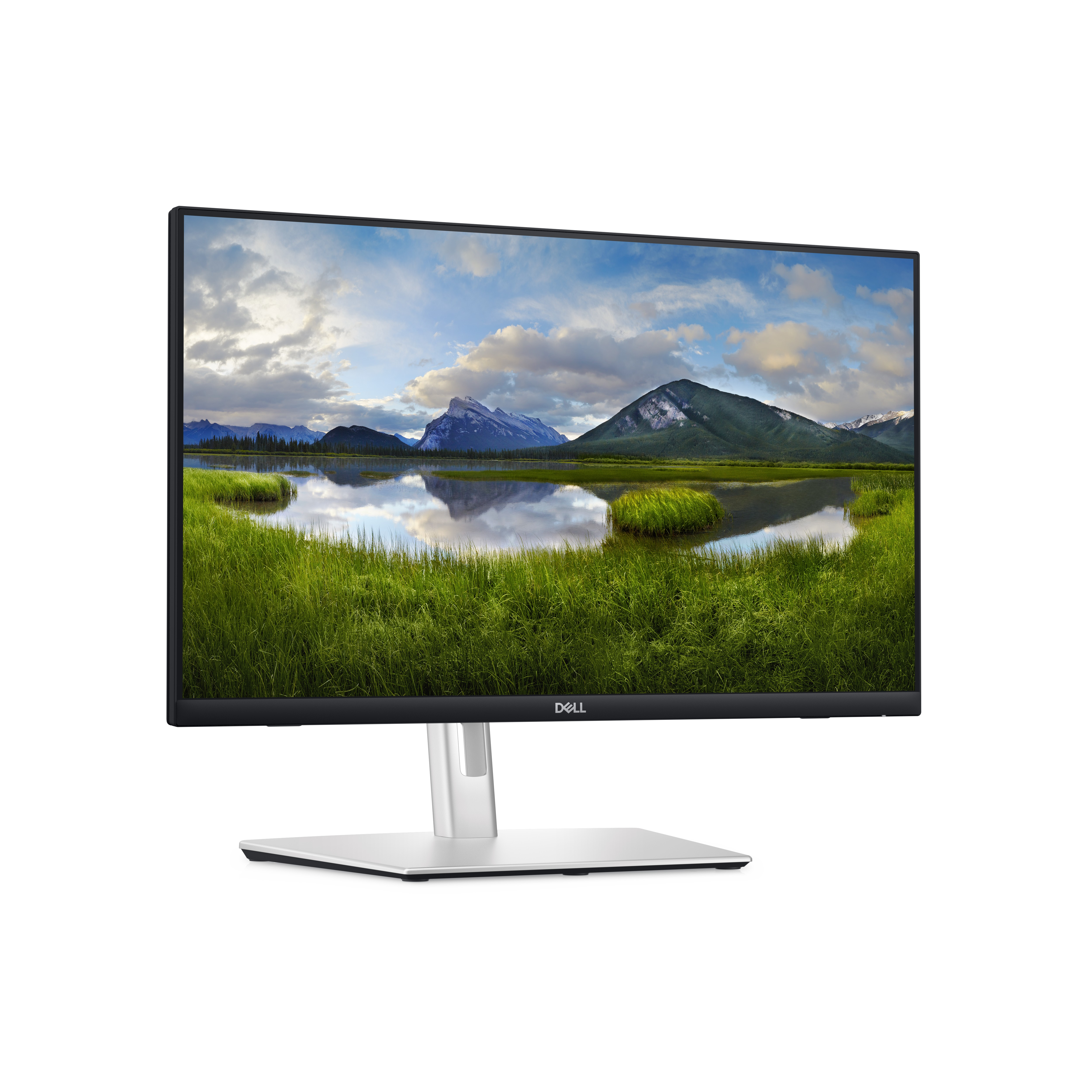 Ein Dell-Monitor, der eine malerische Landschaft mit Bergen, Wasser und grünem Gras zeigt.