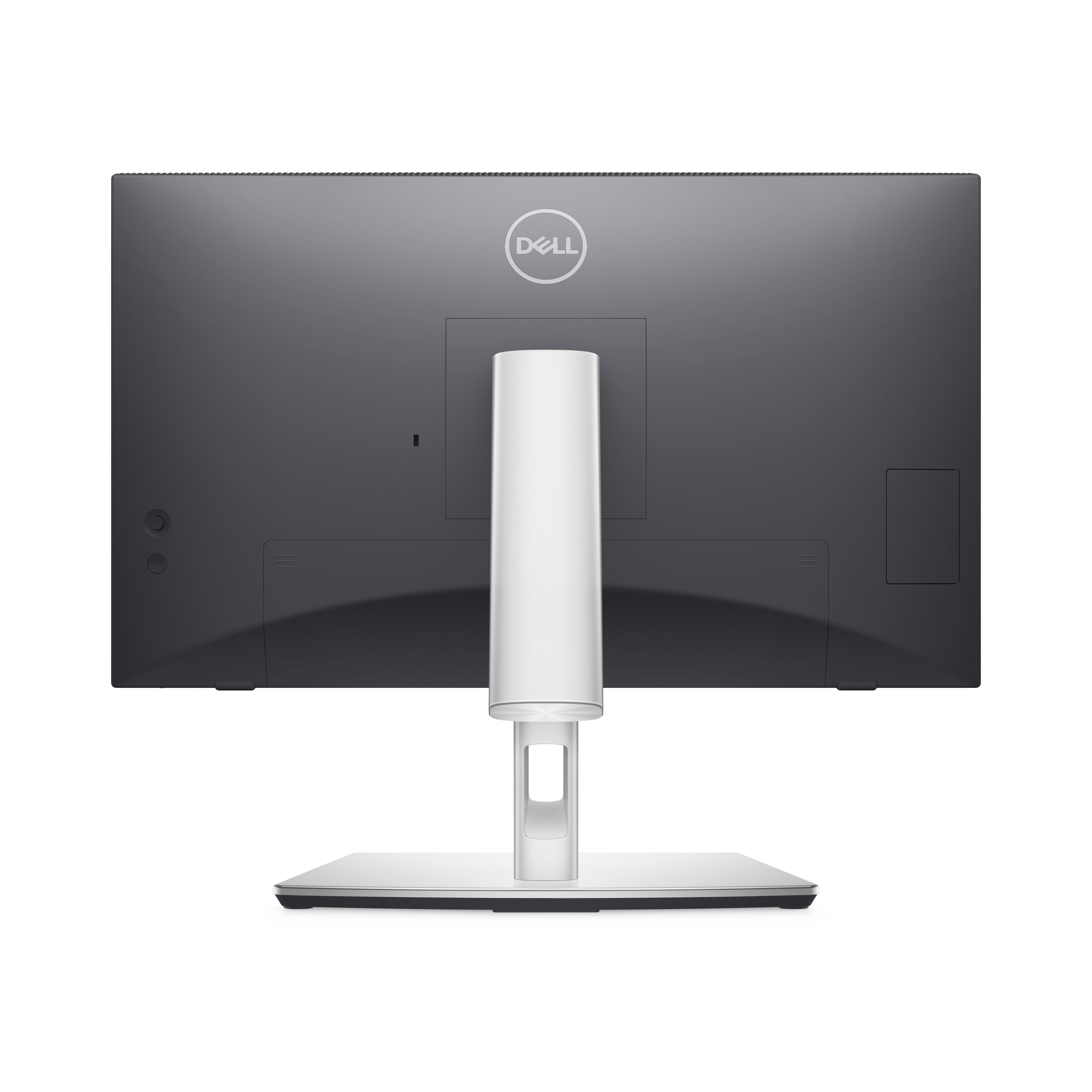 Rückseite eines Dell Monitors, mit Ständer und Anschlüssen, auf weißem Hintergrund.