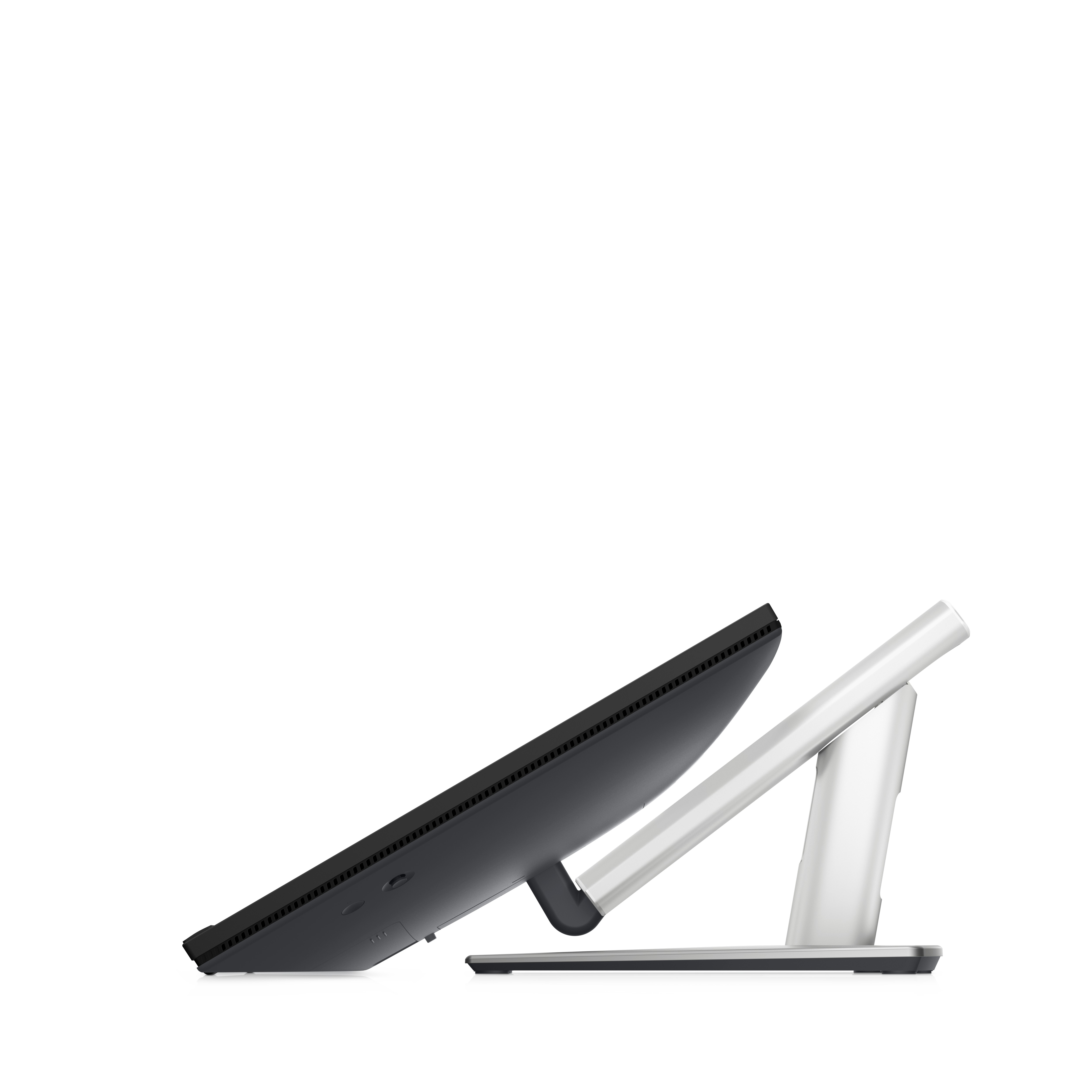 Ein Computerbildschirm ist geneigt. Der Monitor ist schwarz und hat einen weißen Ständer.