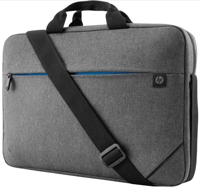 Szara torba na laptopa HP z czarnym paskiem na ramię, uchwytem i zamkiem błyskawicznym. Niebieskie detale zamka. Widoczne logo HP.