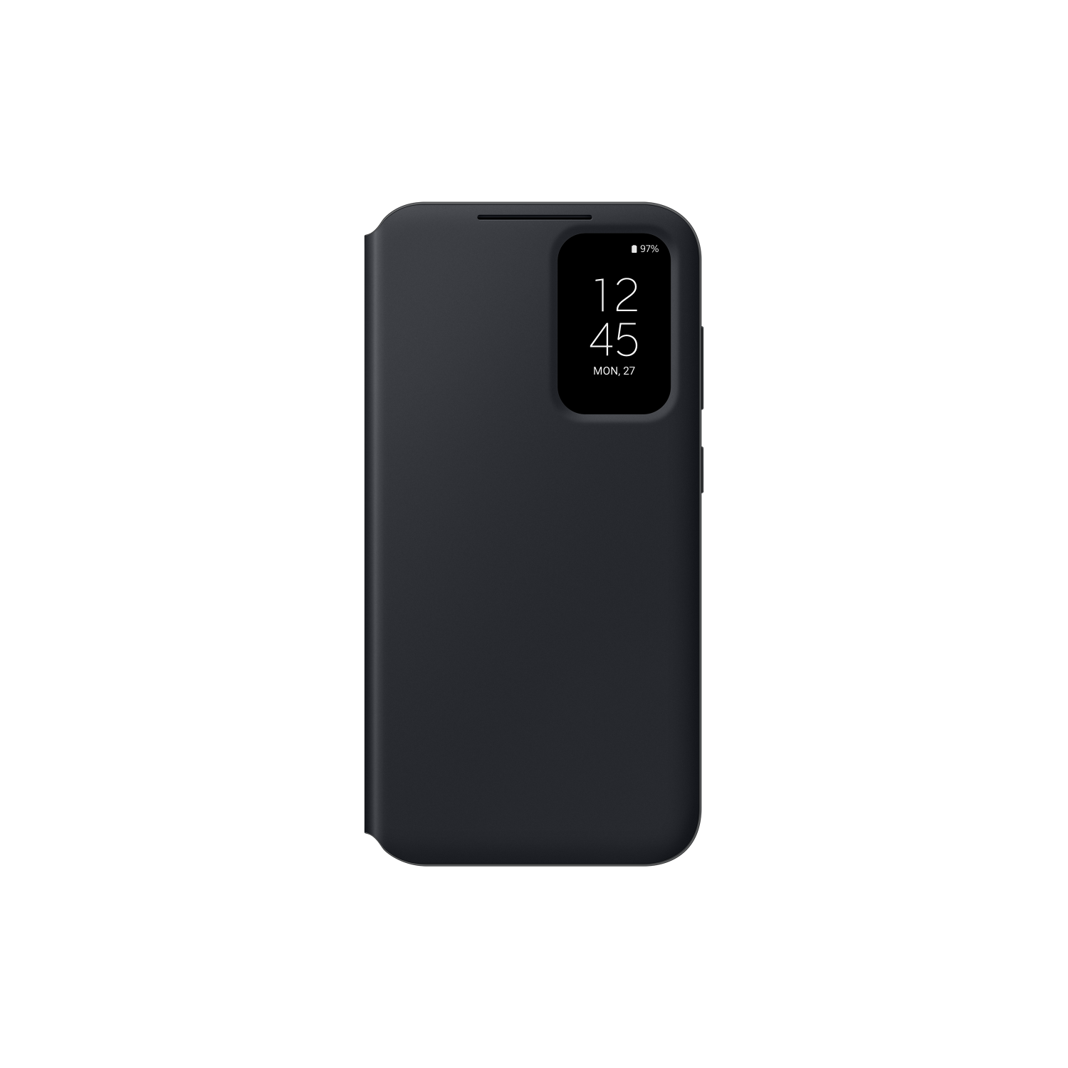 Zwarte telefoonhoes met een klein scherm dat de tijd en het batterijpercentage weergeeft, op een zwarte achtergrond.