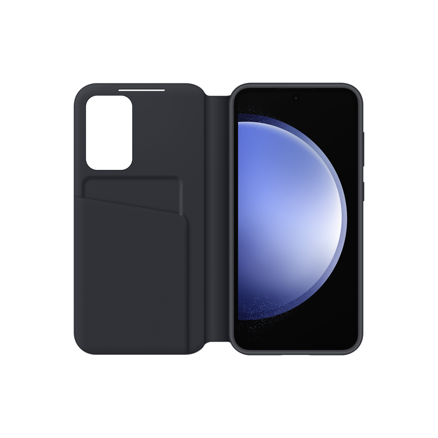 Een zwarte telefoon in een donkerblauwe hoes. Het telefoonscherm toont een blauwe gradiënt.
