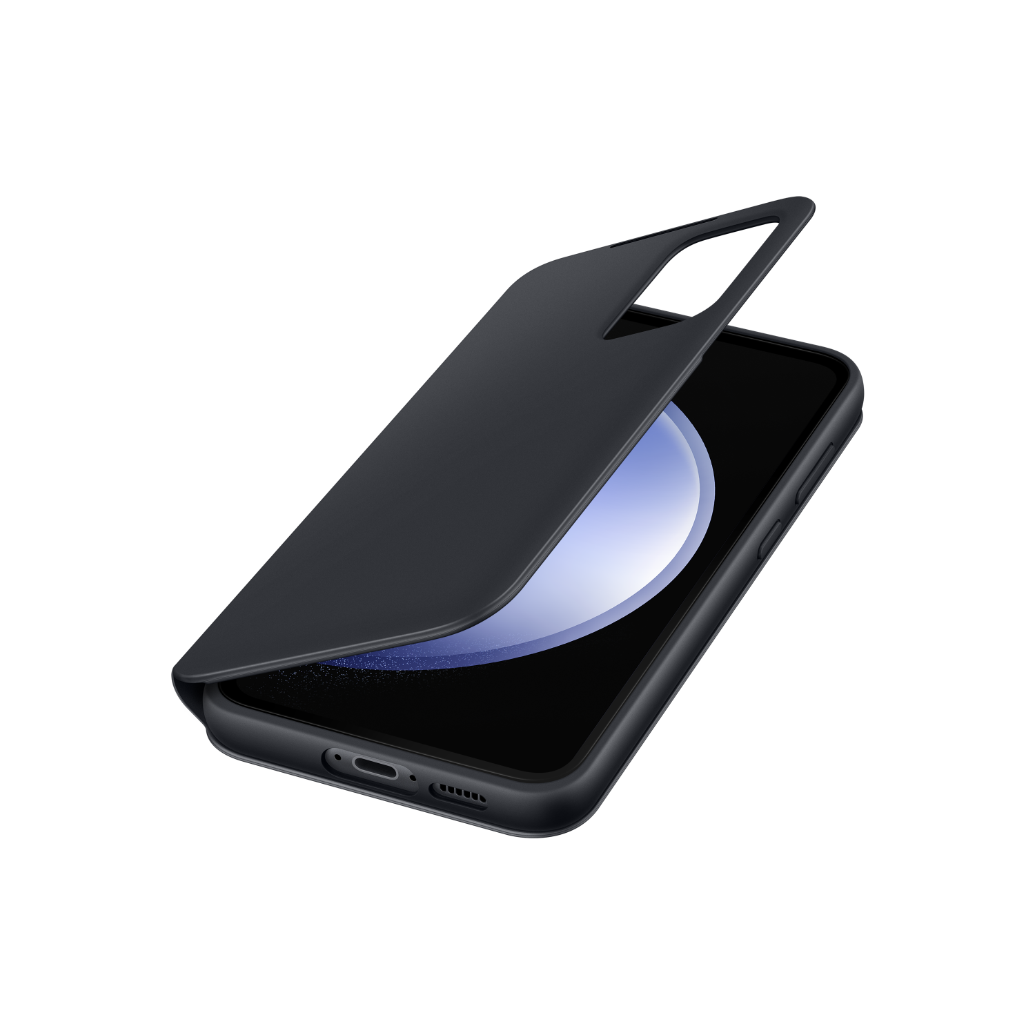 Zwarte telefoonhoes gedeeltelijk open, onthult een telefoon met een cirkelvormige blauw-witte afbeelding.