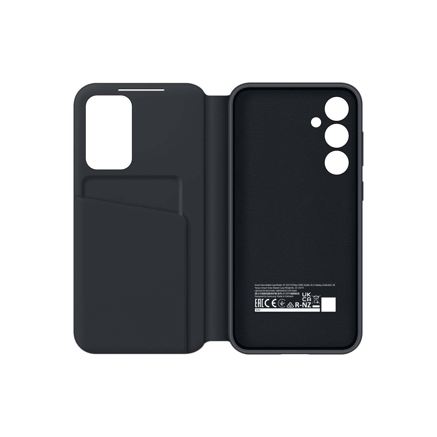 Zwarte telefoonhoes met een kaartsleuf en een telefooncontour, open op een zwart oppervlak.