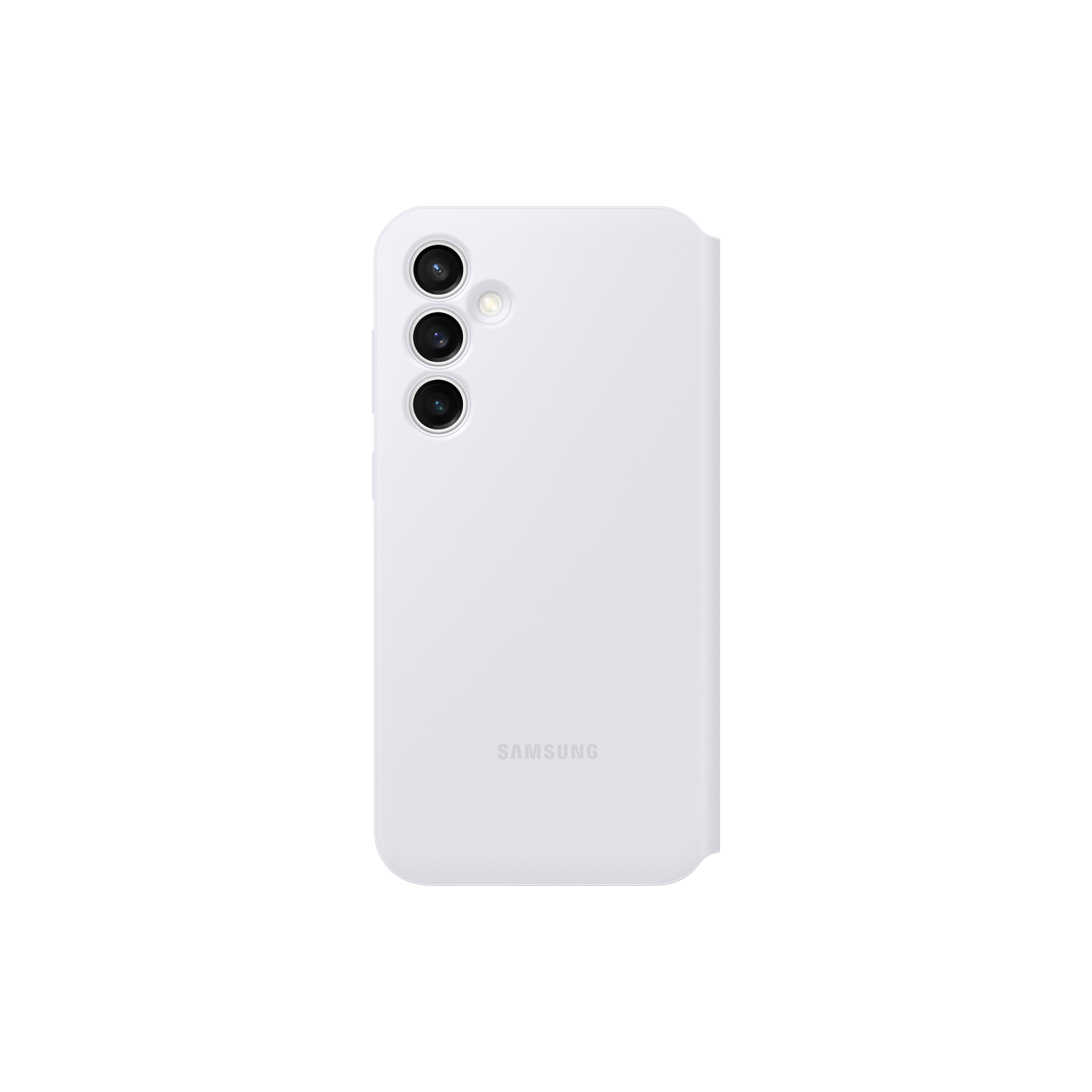 Witte telefoonhoes met drie cameralenzen en het Samsung-logo.