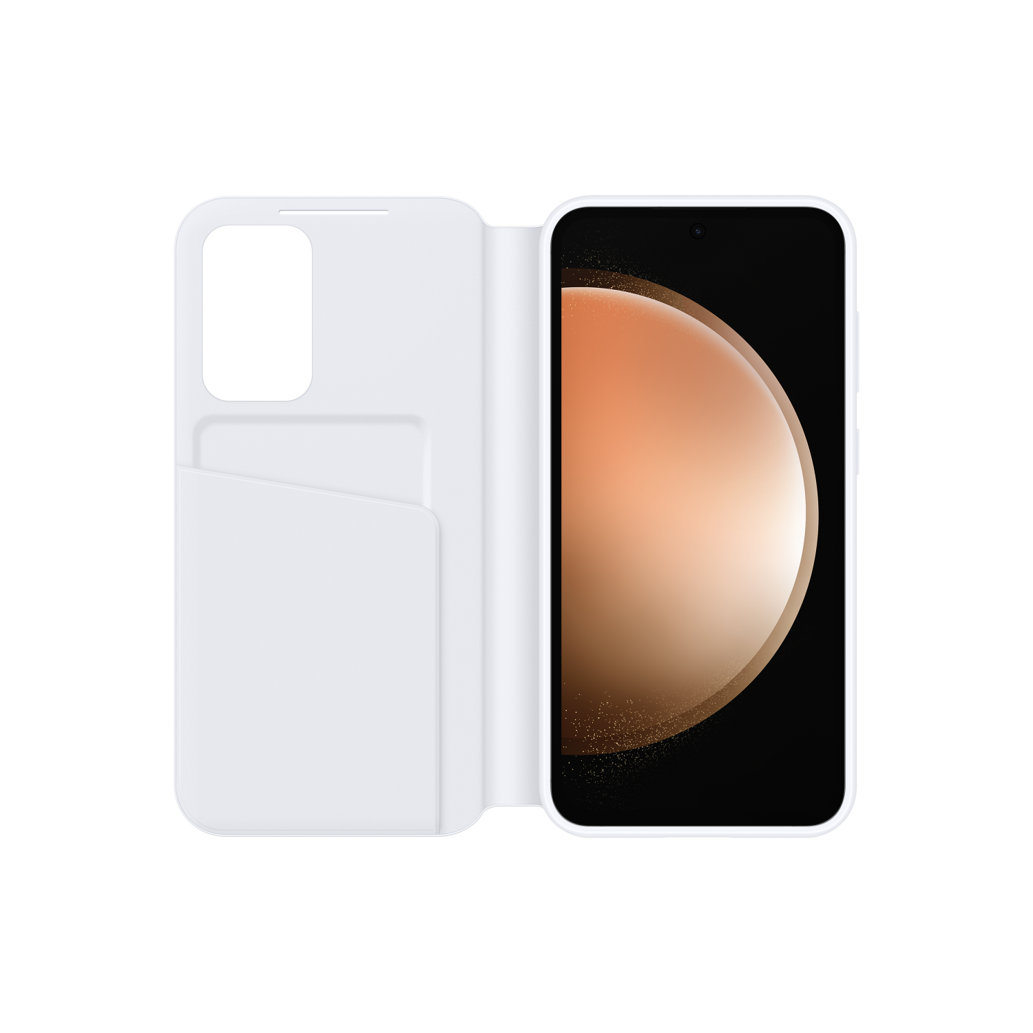 Witte telefoonhoes met telefoon. Hoes is open, toont scherm en kaartsleuf.