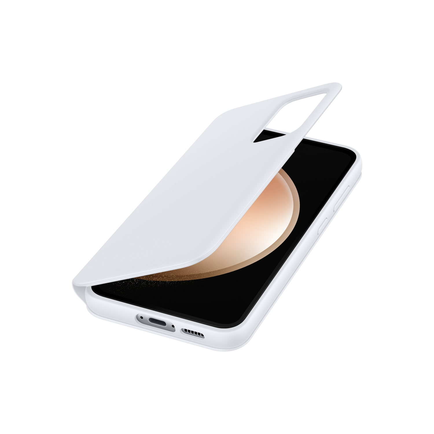 Een witte telefoonhoes met een telefoon erin en een deel van de hoes opgetild.