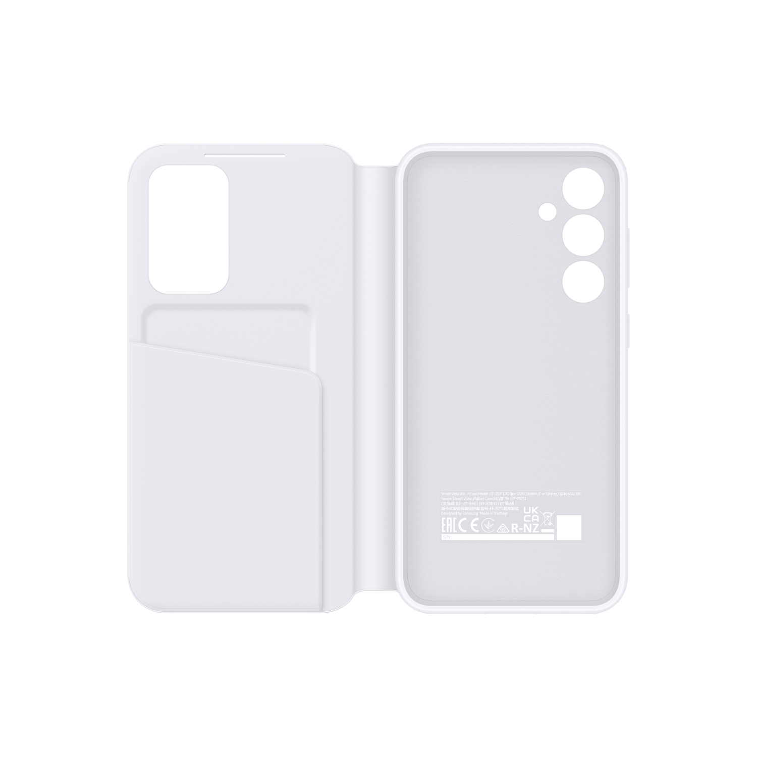 Een witte telefoonhoes, opengeklapt, met een kaartsleuf en de achterkant van een telefoon.