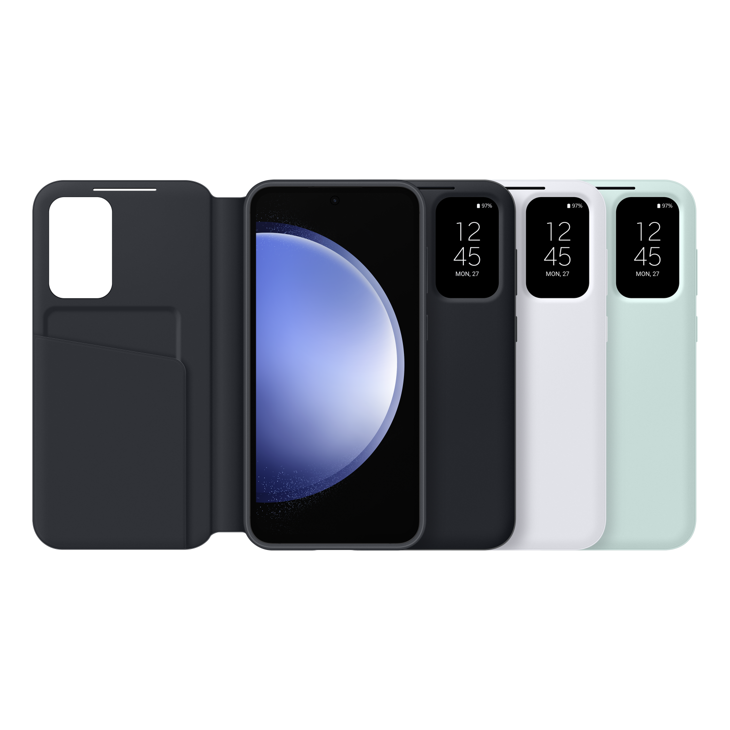 Vier smartphones met hoesjes. Verschillende kleuren: zwart, marine, wit en groen.