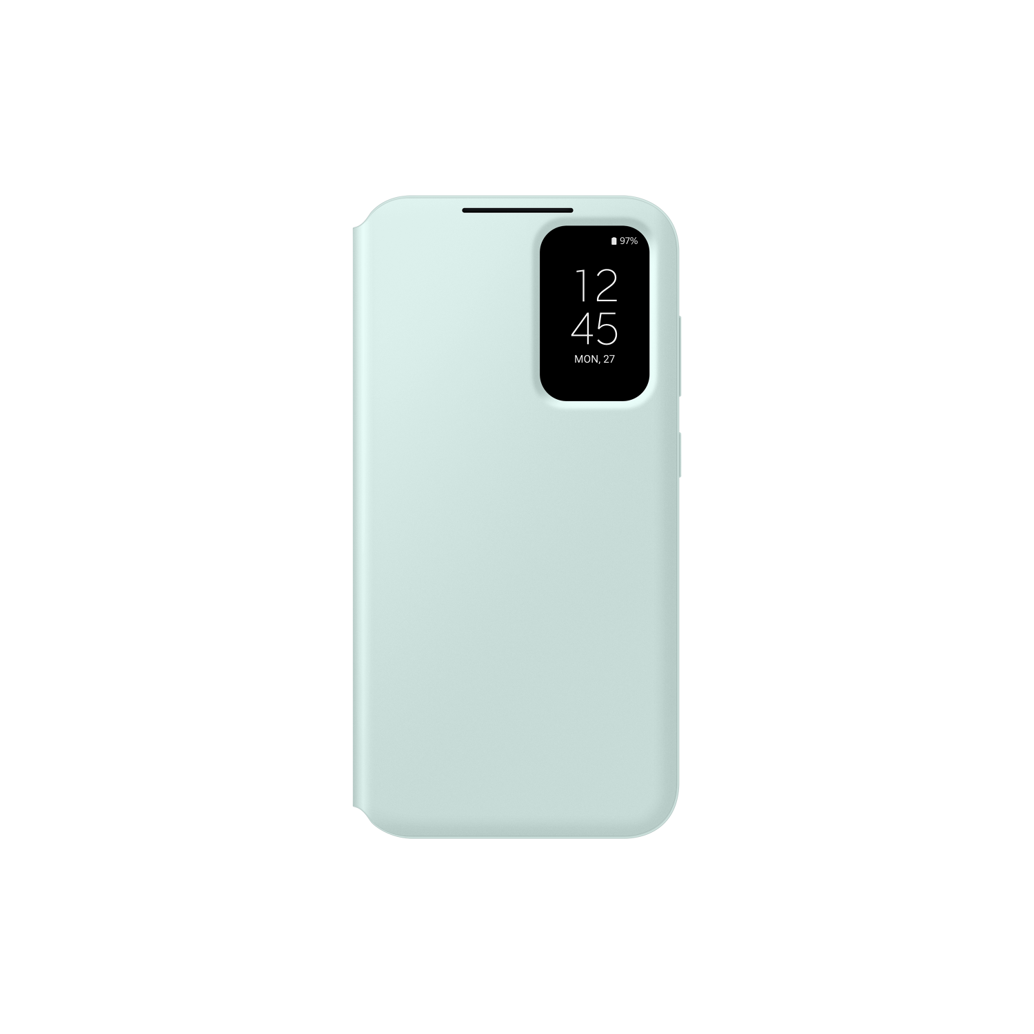 Mintgroene telefoonhoes met een scherm, zwarte achtergrond.
