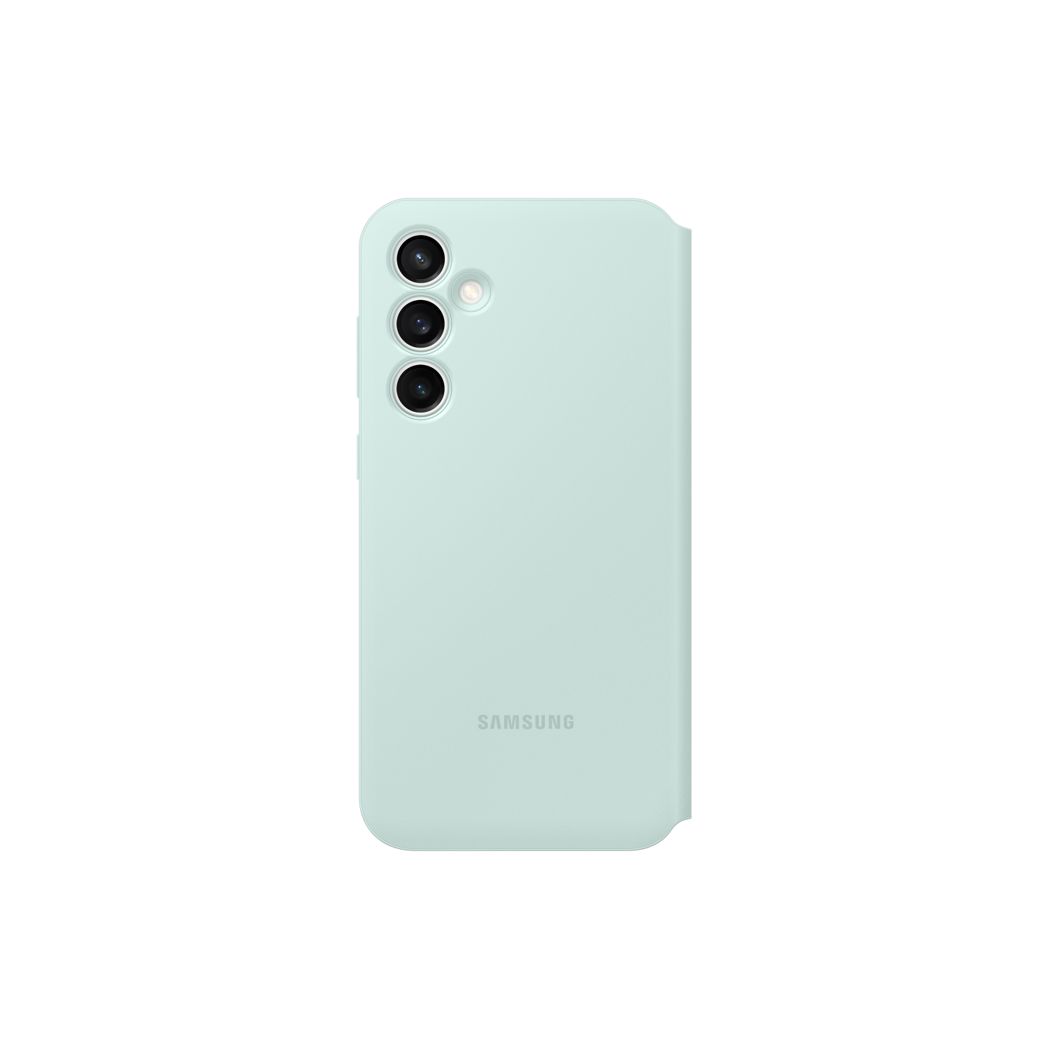 Lichtblauwe telefoonhoes met drie camera's. Zwarte achtergrond.