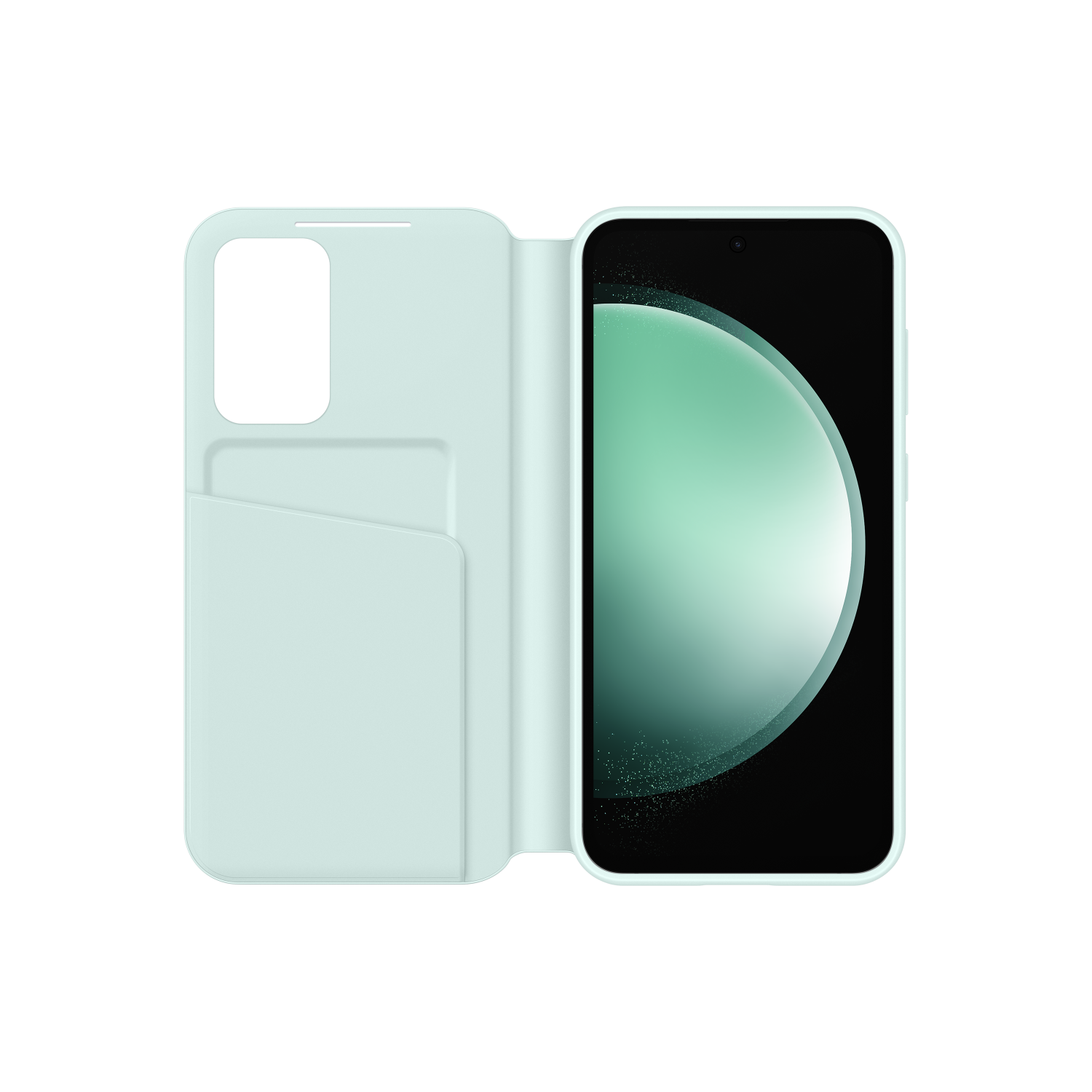 Telefoon in lichtgroene hoes, open, met een groen scherm op zwarte achtergrond.
