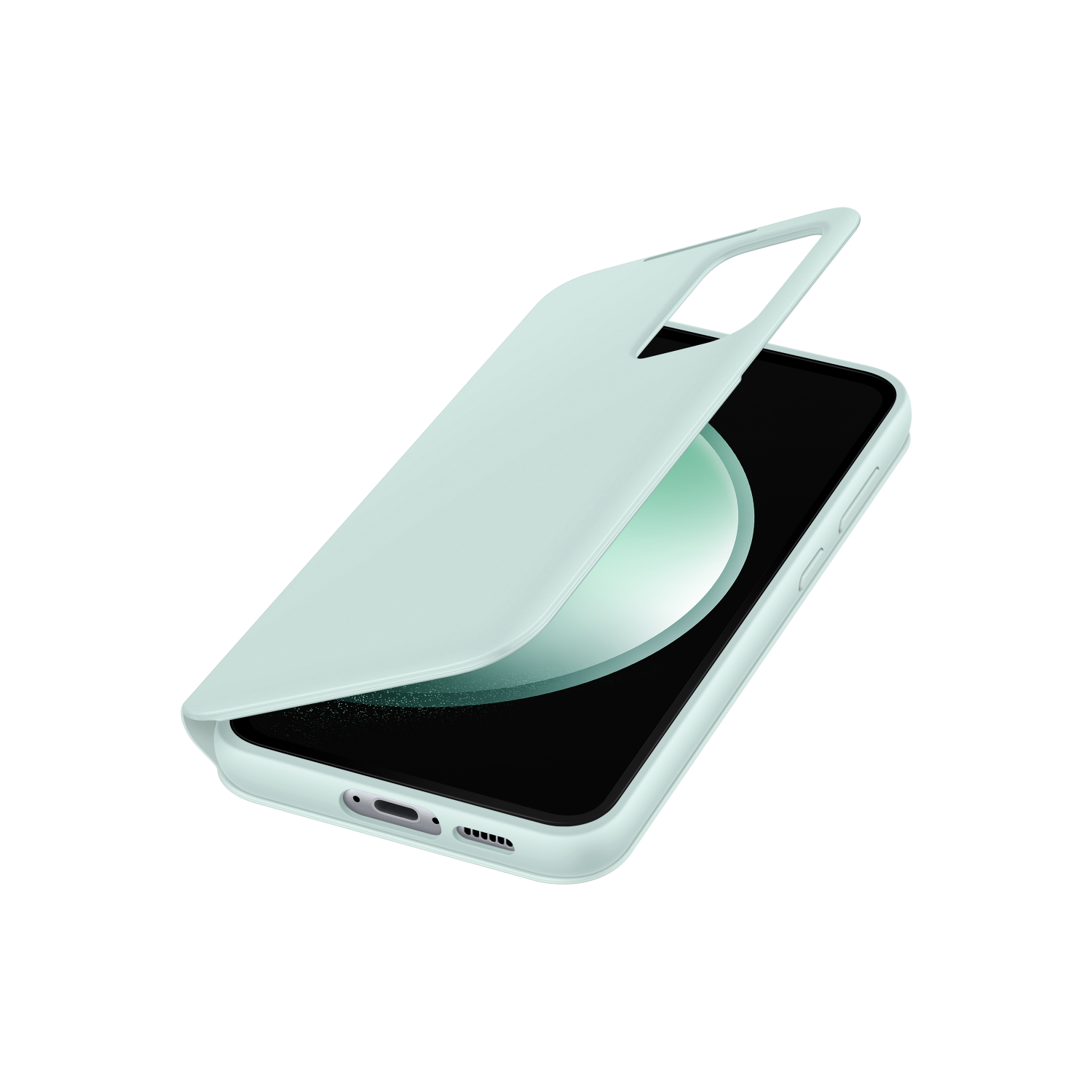 Een lichtgroene telefoonhoes, iets open. De telefoon is zwart, met een groene cirkelvormige camera.
