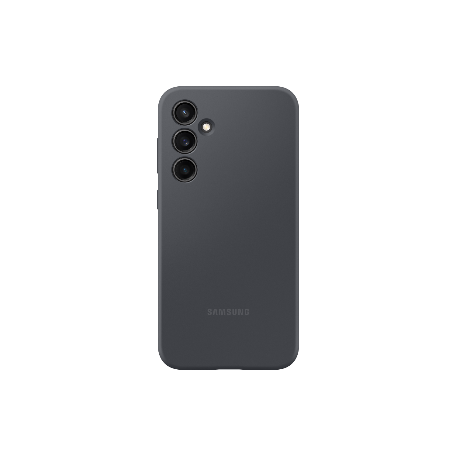 Donkergrijze Samsung telefoonhoes met drie cameralenzen en Samsung-logo, zwarte achtergrond.