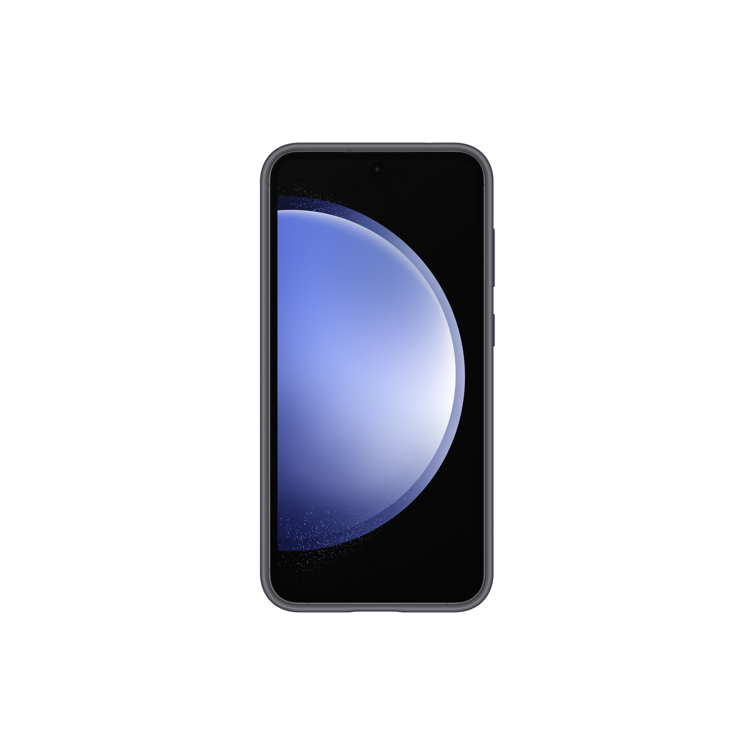 Een zwarte smartphone met een gebogen scherm, waarop een blauwe, witte en paarse gradiëntafbeelding staat. Het scherm staat aan.