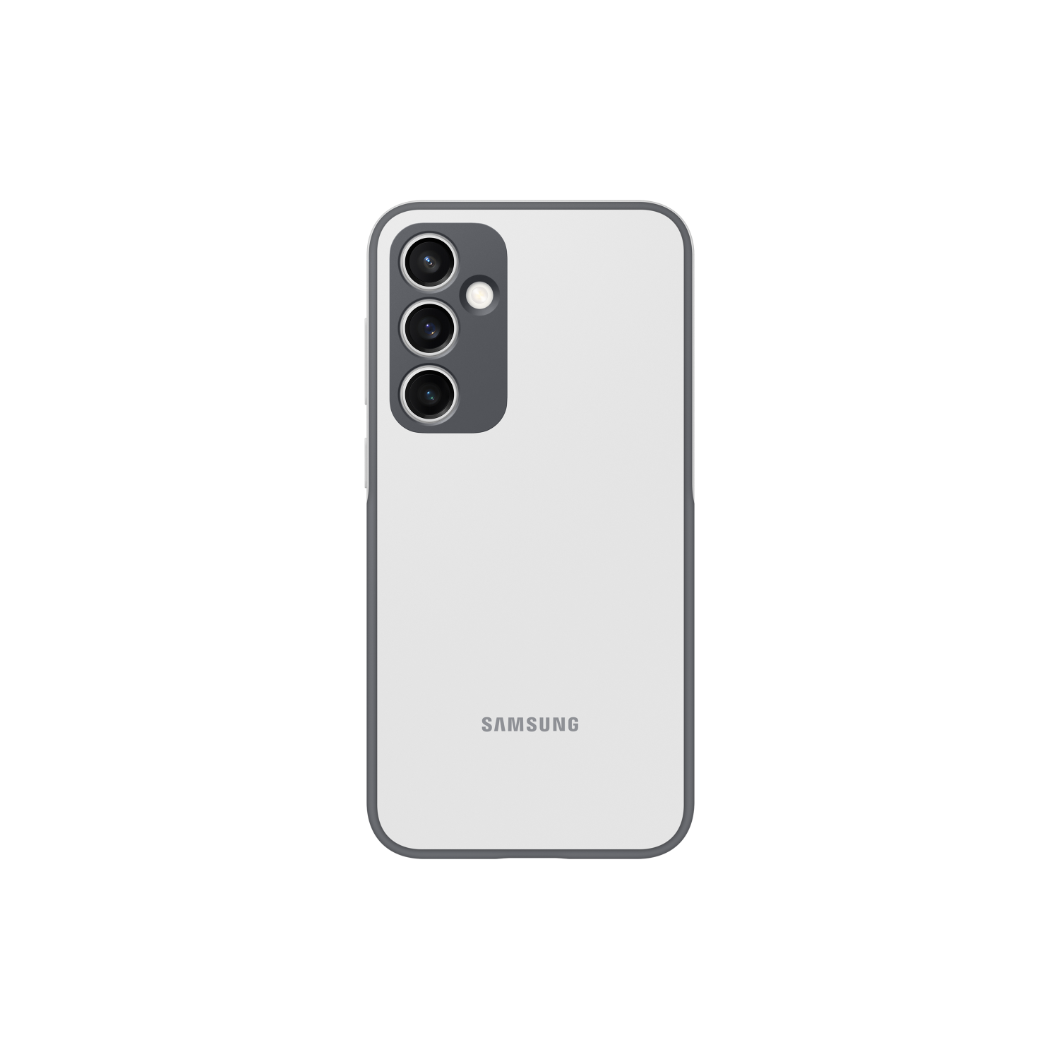 Een witte Samsung telefoon met drie camera's op een zwarte achtergrond.