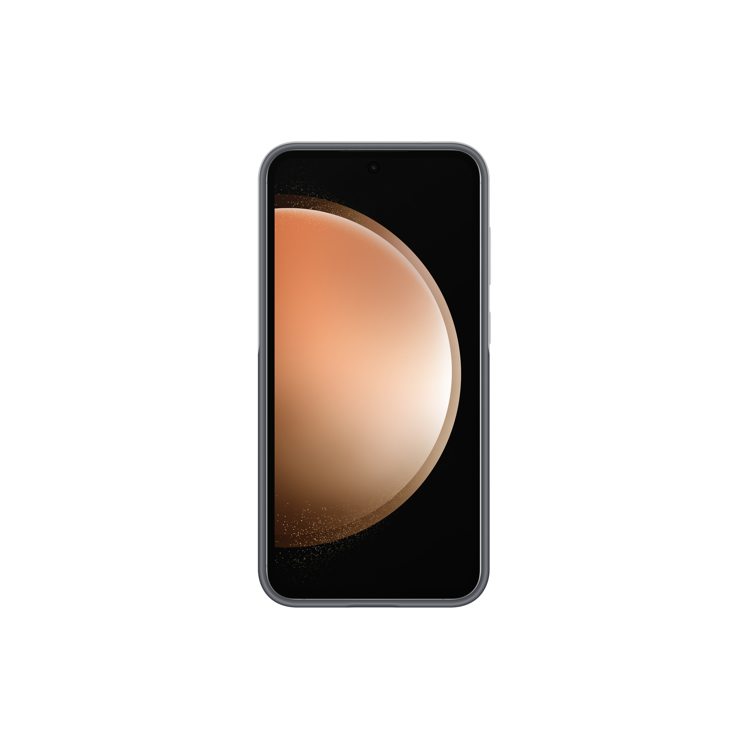 Smartphone scherm met een oranje en witte gradiënt tegen een zwarte achtergrond.