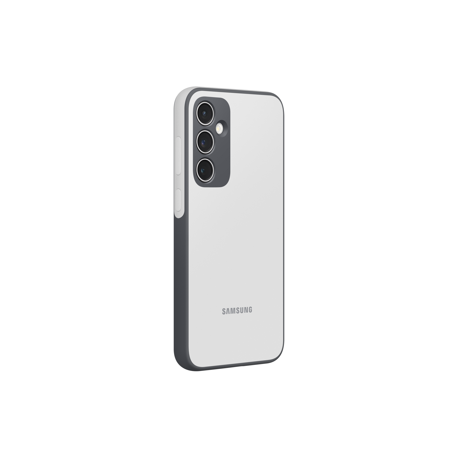 Een witte en grijze telefoonhoes met het Samsung-logo, op een zwarte achtergrond.