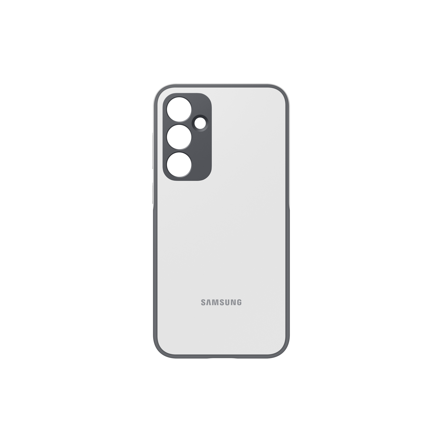 Een witte telefoonhoes met een donkergrijze camerabult en het SAMSUNG-logo.