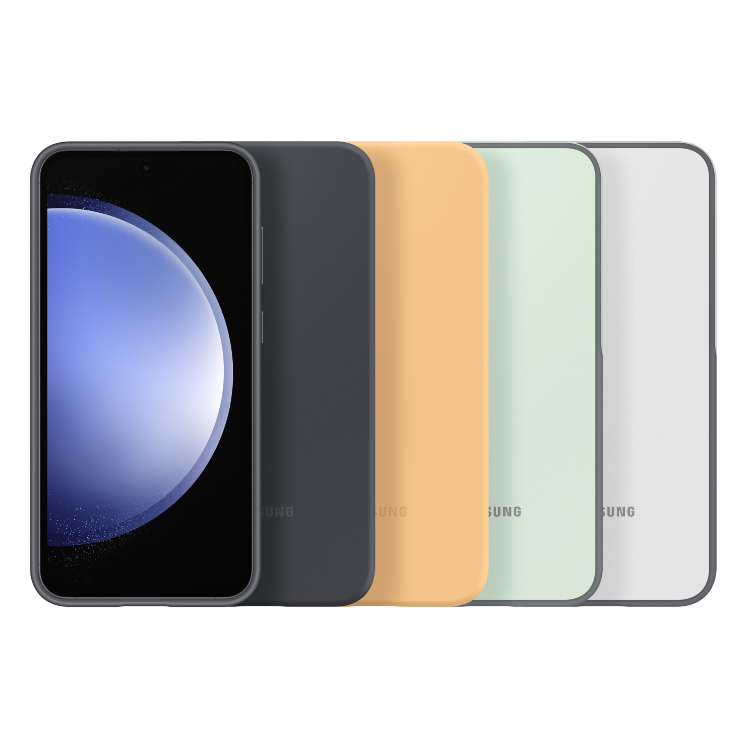 Een rij van vijf gekleurde Samsung telefoonhoesjes, een telefoon gedeeltelijk zichtbaar links.