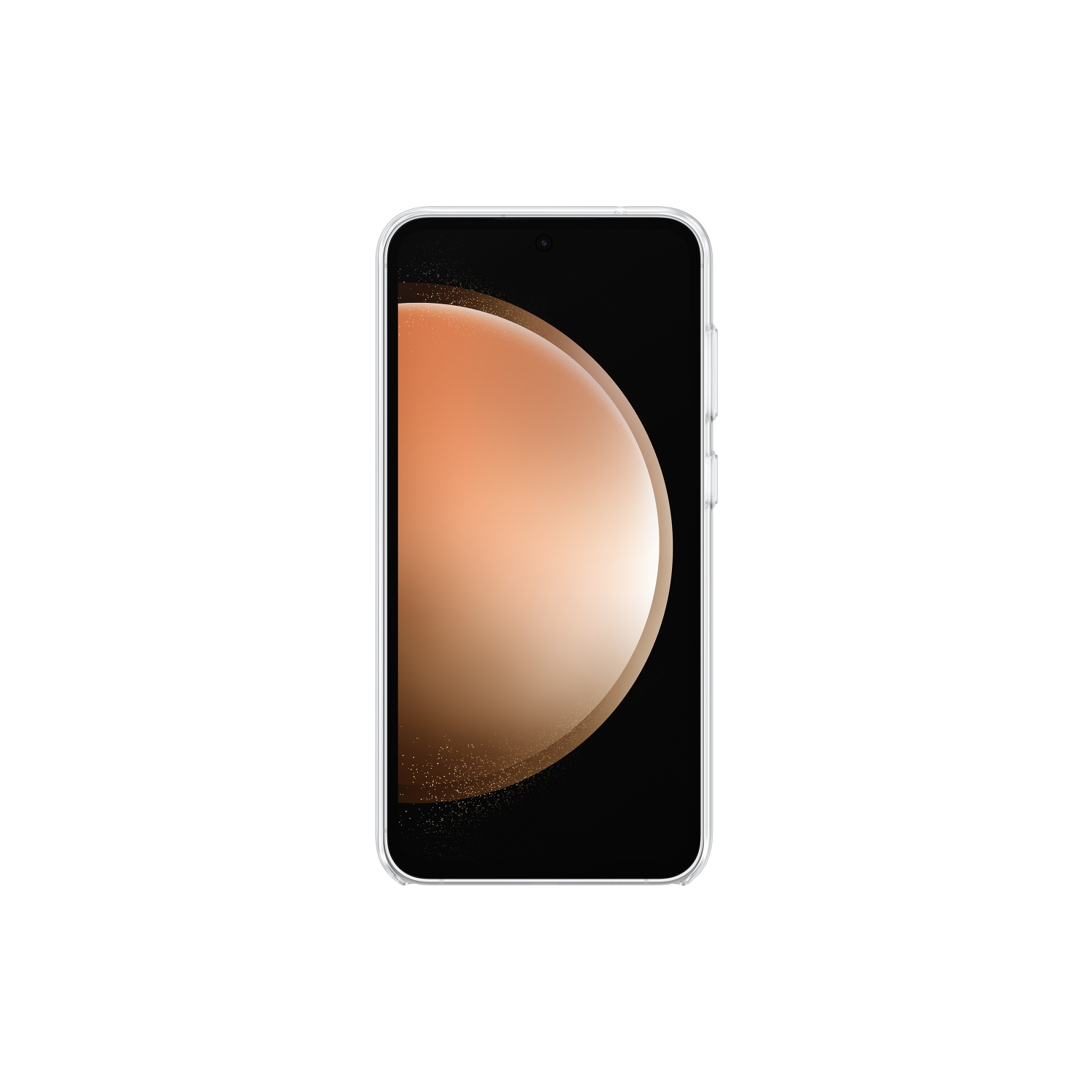Een witte smartphone met een bronzen halve cirkel op het scherm, zwarte achtergrond.