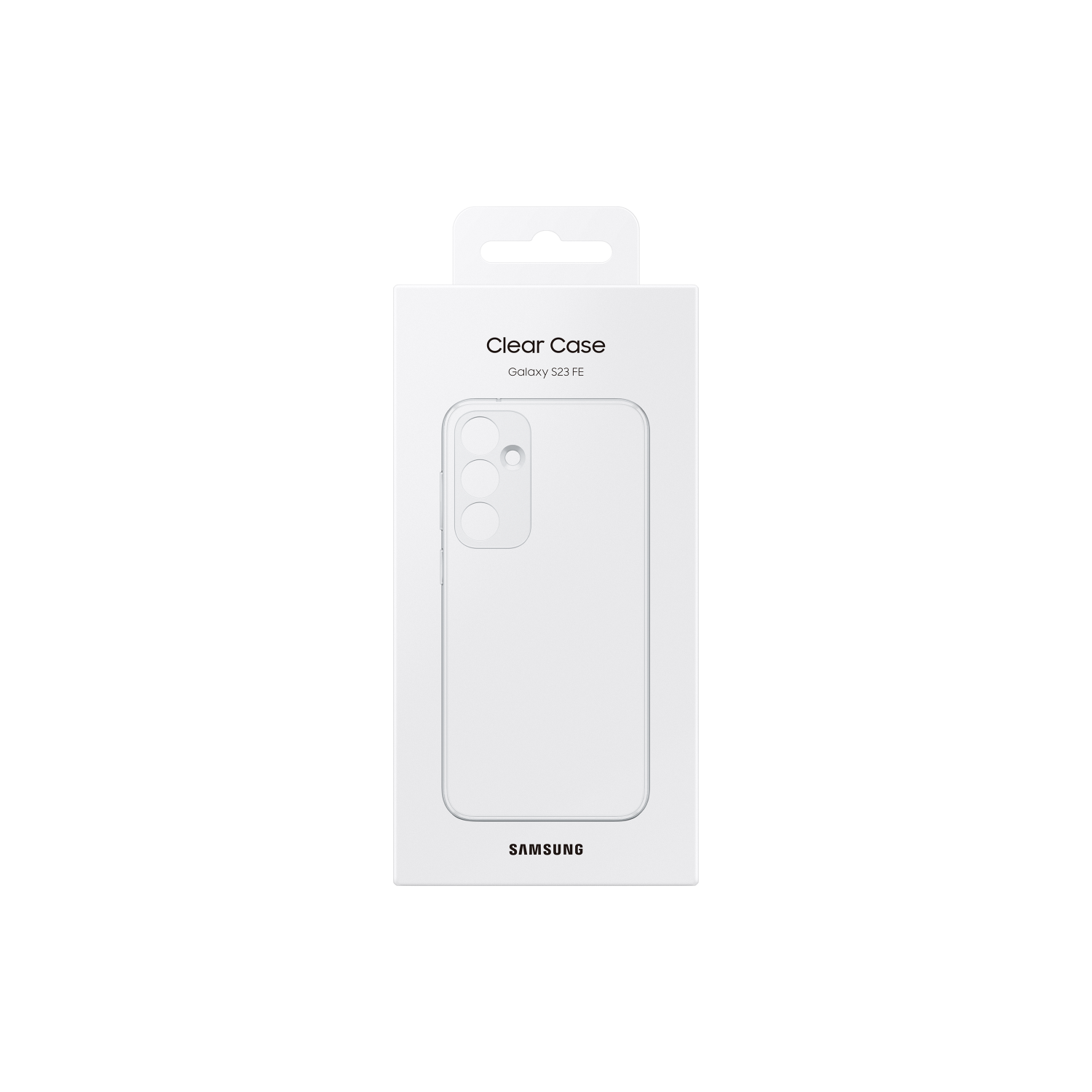 Een witte telefoonhoes in een witte doos. De doos heeft het Samsung-logo.