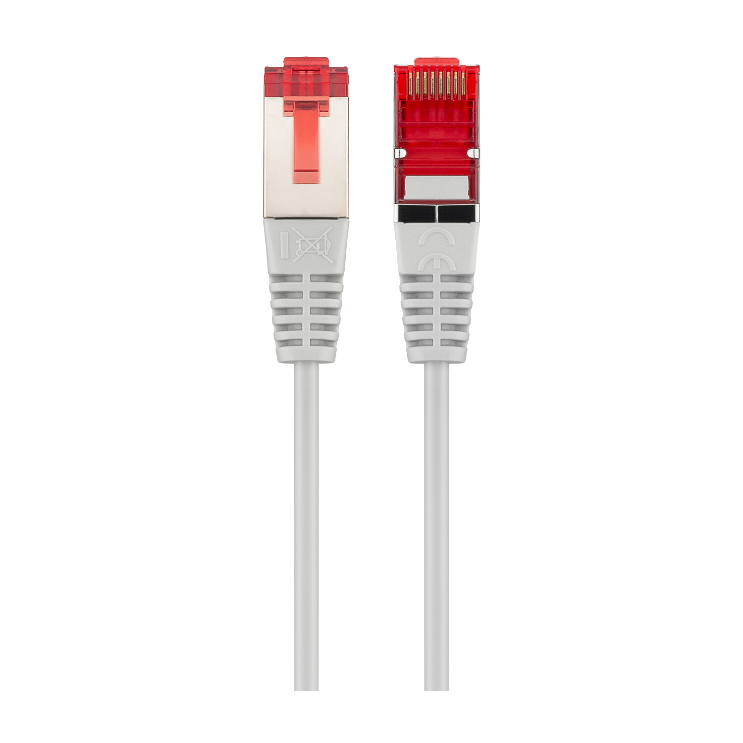 Un cavo ethernet bianco con connettori rossi su sfondo bianco.