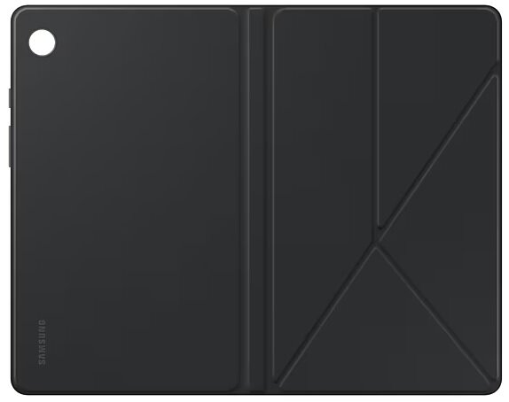 Czarne etui na tablet otwarte z białym wnętrzem. Okładka ma geometryczne linie.