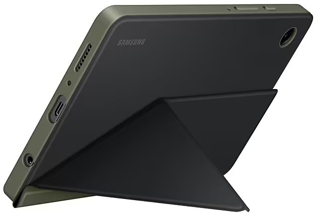 Tablet z zielonym etui, czarnym ekranem i podstawką. Widoczne logo 'SAMSUNG'.