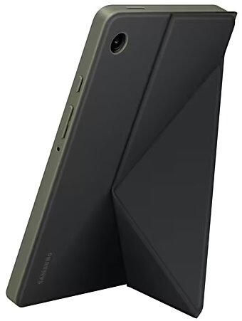 Szary tablet w etui, podparty, ustawiony pod kątem na białym tle.