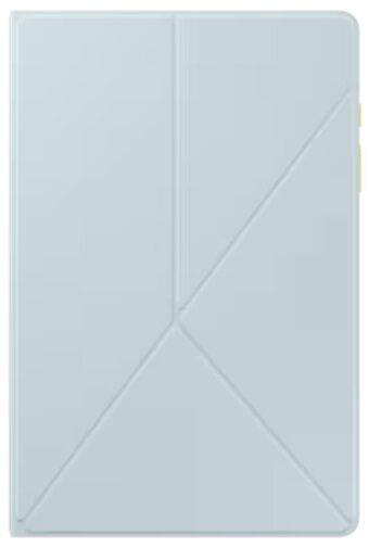 Pokazano jasnoniebieskie etui na tablet, złożone w kształt trójkąta. Etui ma gładkie, matowe wykończenie z subtelnymi detalami szwów.