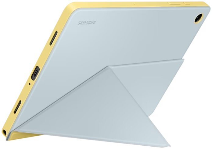 Jasnoniebieski tablet z żółtą ramką, podparty składaną podstawką. Widoczne logo Samsung.
