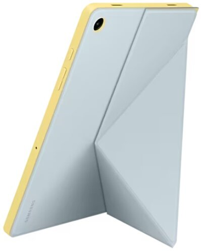 Jasnoniebieski tablet z żółtą ramką jest podparty złożoną osłoną. Logo Samsung jest widoczne z tyłu.