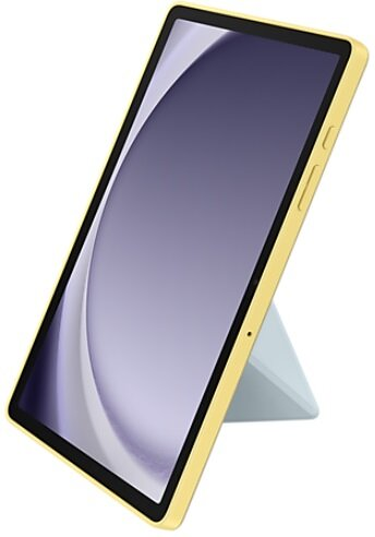 Żółty tablet z fioletowym ekranem jest podparty jasnoniebieskim stojakiem. Tablet jest lekko pochylony.