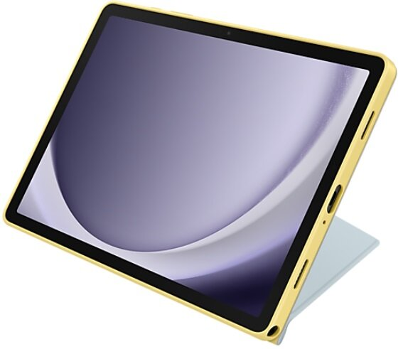 Tablet w żółtym etui. Ekran wyświetla fioletowo-biały abstrakcyjny wzór. Dołączona jest jasnoniebieska osłona.