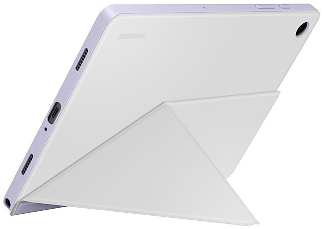 Biały tablet z liliową ramką i białą osłoną w pozycji stojaka.