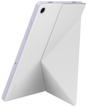 Tablet z białą obudową, lawendową obwódką, ustawiony jako podstawka.