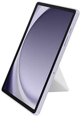Fioletowy tablet podparty. Biała podstawka. Ekran pokazuje jasny, abstrakcyjny obraz.
