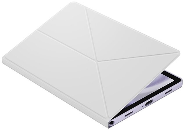 Biały tablet ze złożoną osłoną. Ekran jest widoczny. Osłona ma trójkątny wzór.